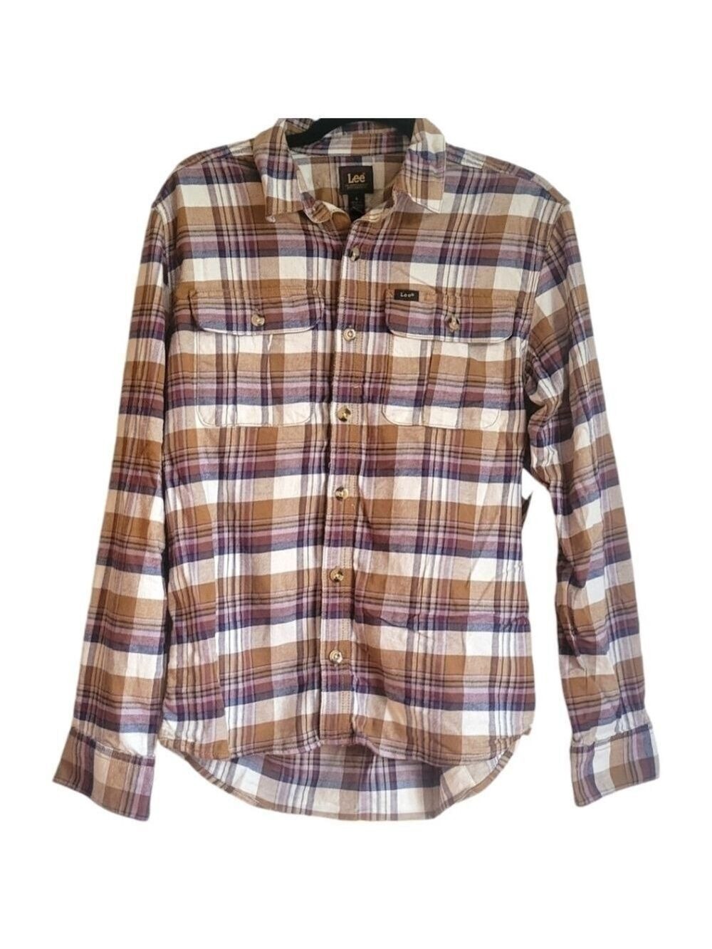 Lee Brown White Plaid Cotton Button Up Shirt Men's size Small